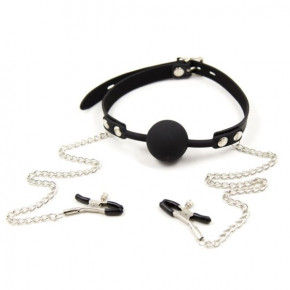 DS Fetish | Кляп с зажимами на соски DS Fetish Locking gag with nipple clamps black. Цена: 1 150 грн
