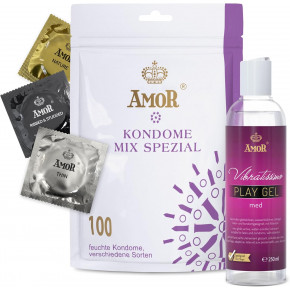 Amor | Презервативи та лубрикант - Amor Set Mix Condom, 100 шт. and Vibratissimo Play Gel Med, 250 мл. Ціна: 2700 грн