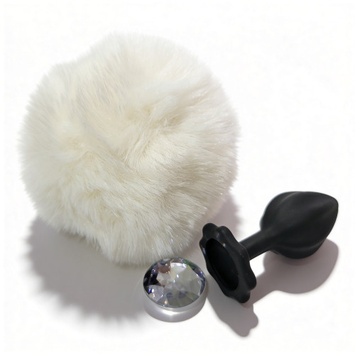 ALUME | Анальная пробка рельефная ALUME, S, черная с белым пушком и сменным прозрачным камнем, 7 х 2,8 см. Цена 559 грн. Фото: 1