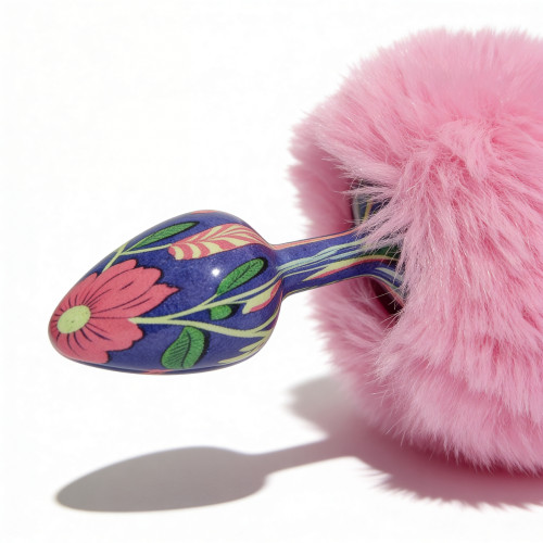 ALUME | Анальная пробка с узором ALUME, S, металлическая синяя с розовым пушком, 7 х 2,8 см. Ціна 620 грн. Фото: 6