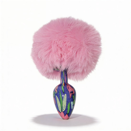 ALUME | Анальная пробка с узором ALUME, S, металлическая синяя с розовым пушком, 7 х 2,8 см. Ціна 620 грн. Фото: 1