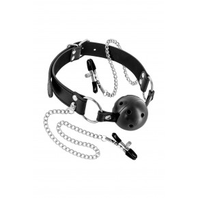 Fetish Tentation | Воздухопроницаемый кляп с зажимами для сосков Fetish Tentation Rigid Gag Ball with Nipple Clamps. Цена: 819 грн