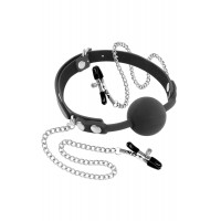 Fetish Tentation | Кляп с силиконовым шариком и зажимами для сосков Fetish Tentation Gag Ball with Nipple Clamps. Цена 1 129 грн
