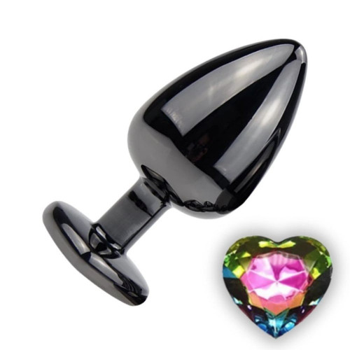 Funny Steel | Анальная металлическая пробка черная Funny Steel с разноцветным камнем в форме сердца, S. Цена 495 грн
