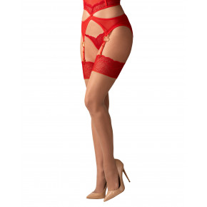Obsessive | Бежевые чулки Obsessive Cupide Desir с красным кружевом, S/M. Ціна: 650 грн
