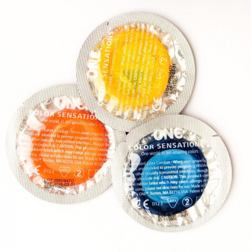 One | Набор латексных презервативов One Color Sensation с силиконовой смазкой жёлтого цвета (цена за 5 шт). Цена 225 грн. Фото: 1