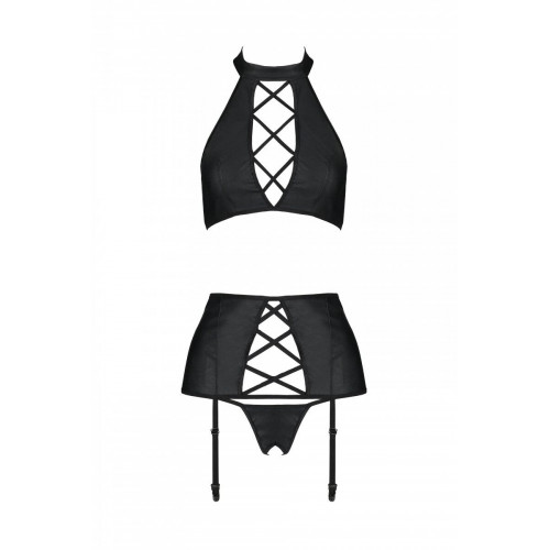 Passion | Комплект из эко-кожи с имитацией шнуровки: топ, трусики и пояс для чулок Nancy Set black XXL/XXXL. Цена 3 169 грн. Фото: 4
