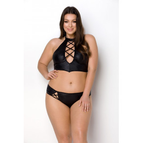 Passion | Комплект из эко-кожи Nancy Bikini black 4XL/5XL - Passion, бра и трусики с имитацией шнуровки. Цена: 3 382 грн