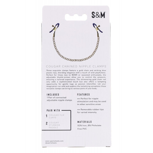 Sex&Mischief | Золотистые зажимы для сосков Sex & Mischief Cougar Chained с синими наконечниками. Цена 1 299 грн. Фото: 4