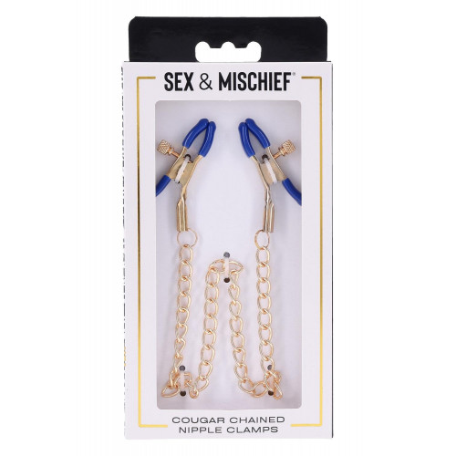 Sex&Mischief | Золотистые зажимы для сосков Sex & Mischief Cougar Chained с синими наконечниками. Цена 1 299 грн. Фото: 3