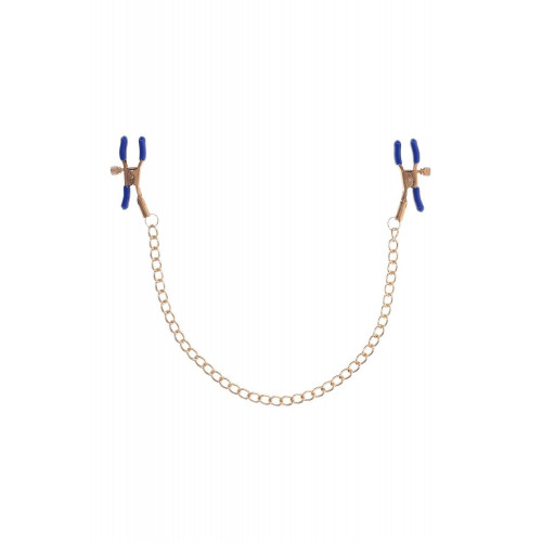 Sex&Mischief | Золотистые зажимы для сосков Sex & Mischief Cougar Chained с синими наконечниками. Цена 1 299 грн. Фото: 2