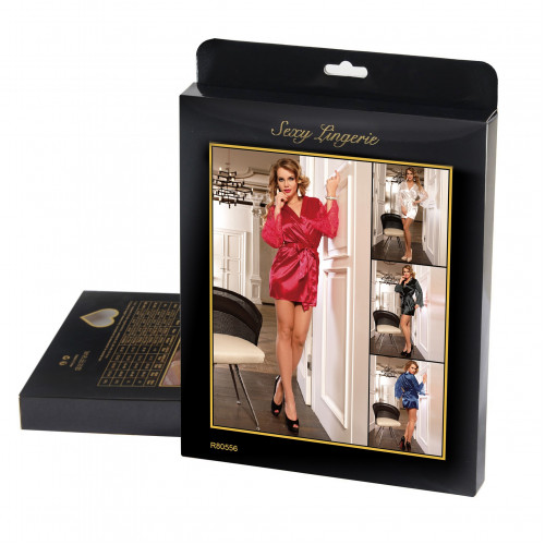 STAR NIGHT | Халат с декоративным кружевом и длинными рукавами под пояс Star Night стринги в комплекте, черный, M. Ціна 1350 грн. Фото: 7