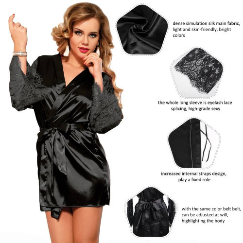 STAR NIGHT | Халат с декоративным кружевом и длинными рукавами под пояс Star Night стринги в комплекте, черный, M. Ціна 1350 грн. Фото: 3