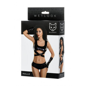 Комплект Glossy из материала Wetlook (топ, мини-шорты и перчатки), черный
