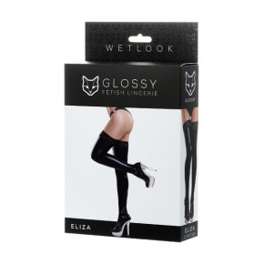 Toyfa | Панчохи Glossy з матеріалу Wetlook зі вставкою з мережива, чорний. Ціна: 818 грн
