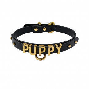 Чокер с надписью PUPPY от UPKO из итальянской кожи, чёрный с золотой фурнитурой